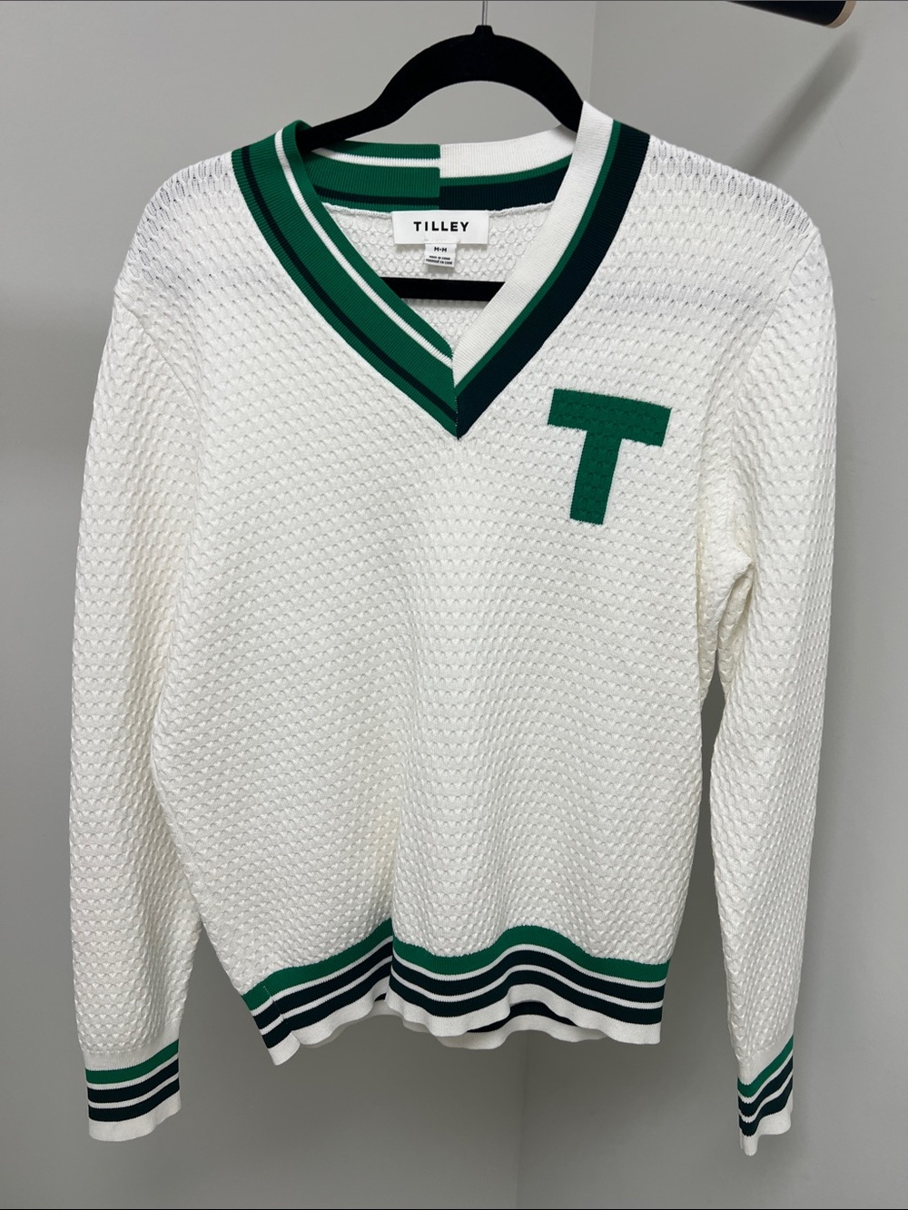 Tilley White V-Neck Knit Sweater with Green Trim